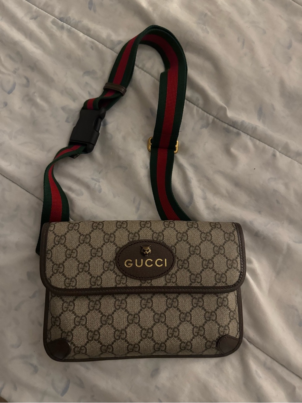 Gucci Brown GG Supreme Belt Bag with Green-Red Web Strap